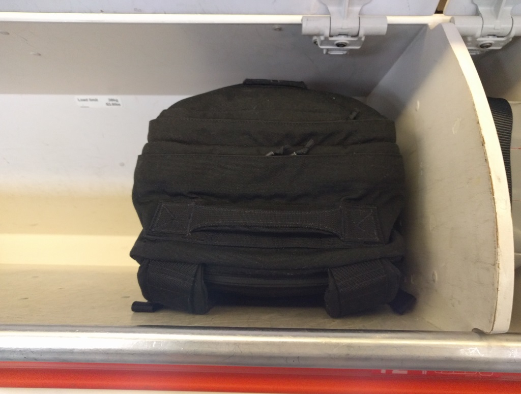 A picture of the GORUCK GR2 in the overhead baggage compartment.
